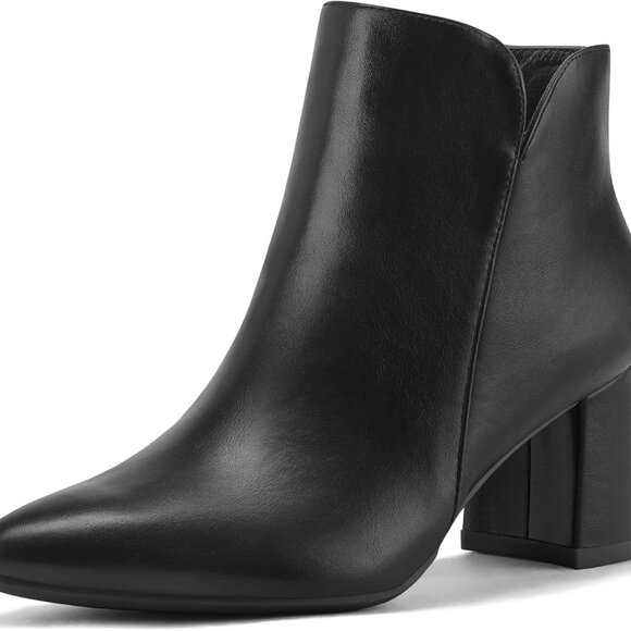 Women's Black PU Ankle Boots with Chunky Heel, Pointed Toe, Side Z Cutout, and Z - Picture 1 of 8